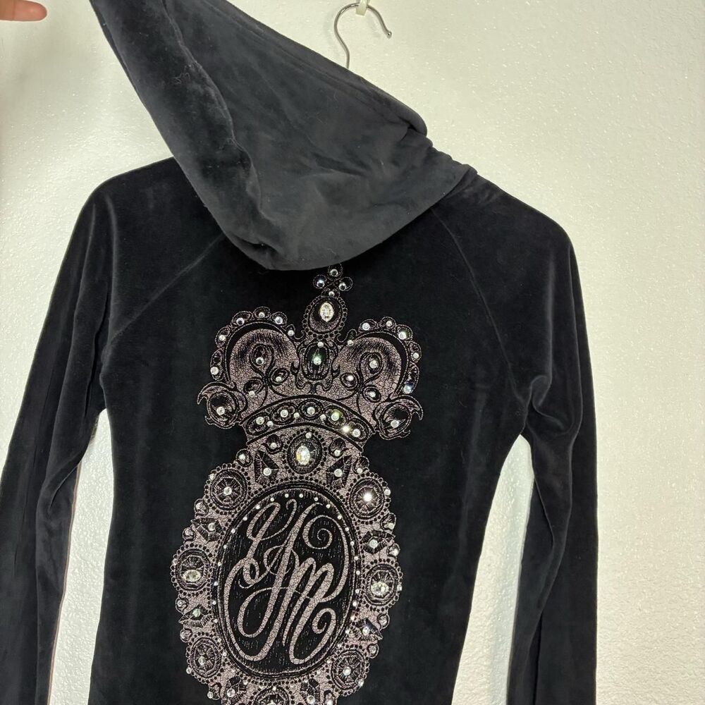 Yvette Mandell Hoodie Womens M Black Velour Full Zip Jeweled Crown Graphic y2k - Picture 4 of 8